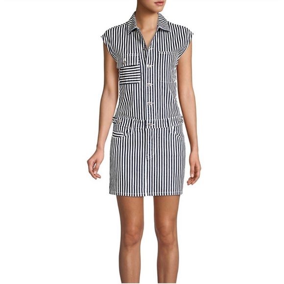 Current Elliot The Sleeveless Jumpsuit Dress White Navy Stripes Stretch Denim - Picture 1 of 16